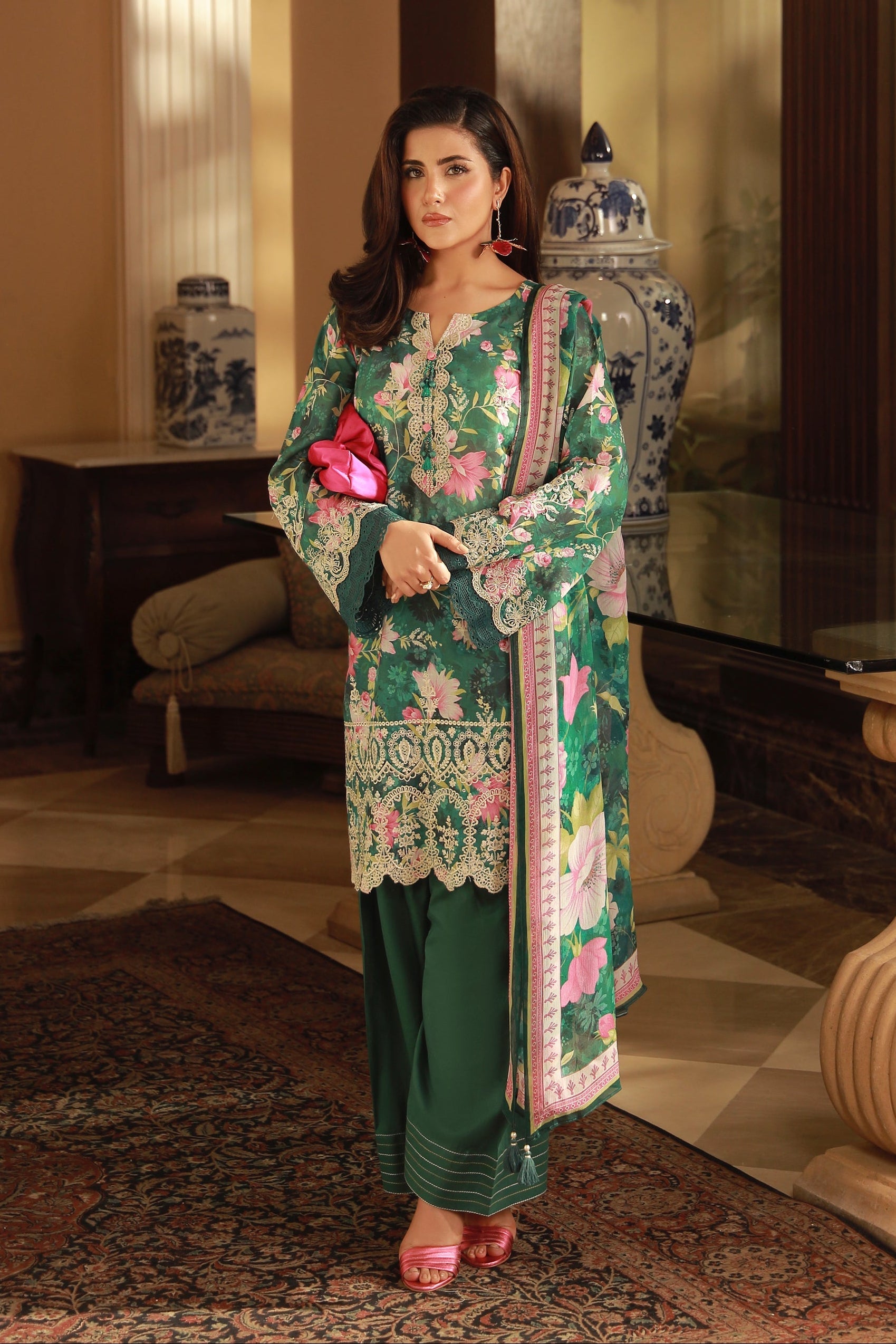 03 PIECE UNSTITCHED EMBROIDERED WITH PRINTED CHIFFON DUPATTA KOMAL LAWN