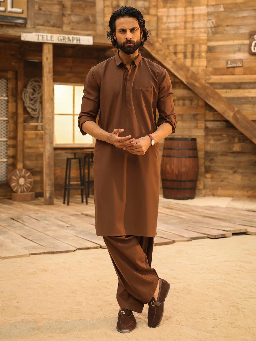 BROWN CUT & SEW KAMEEZ SHALWAR - AL-KS-3310