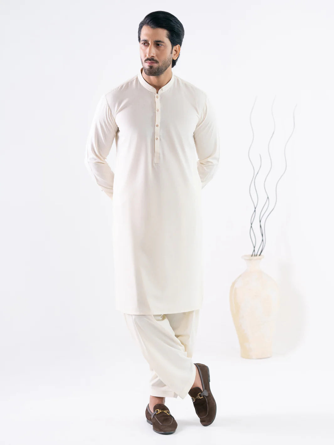CREAM CUT & SEW KAMEEZ SHALWAR - AL-KS-3340
