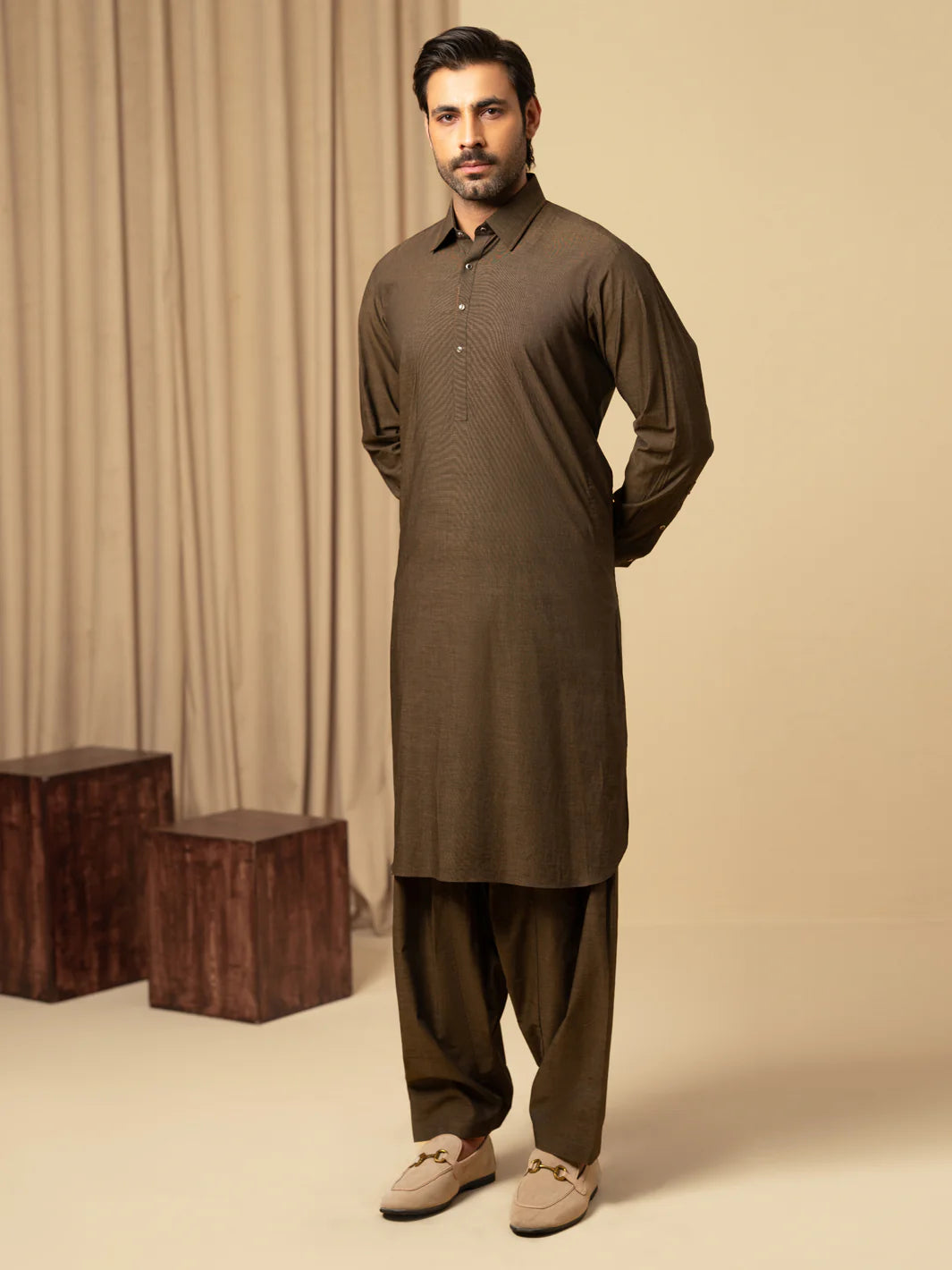 DARK BROWN COTTON KAMEEZ SHALWAR - ALWA-KS-585