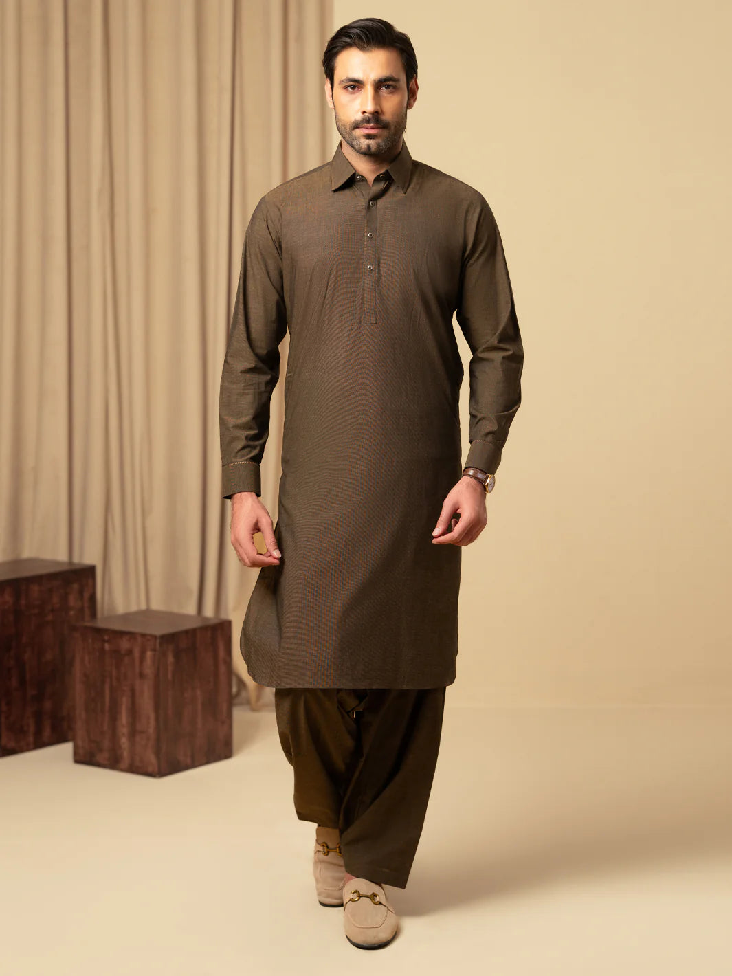 DARK BROWN COTTON KAMEEZ SHALWAR - ALWA-KS-585