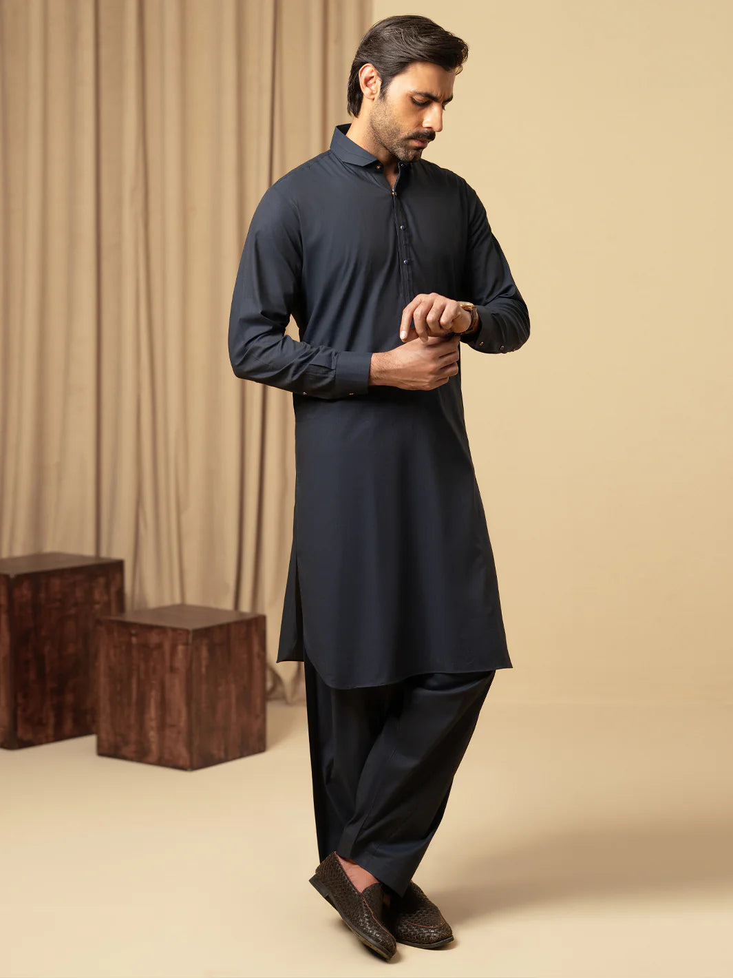 MIDNIGHT BLUE COTTON KAMEEZ SHALWAR - ALWA-KS-586