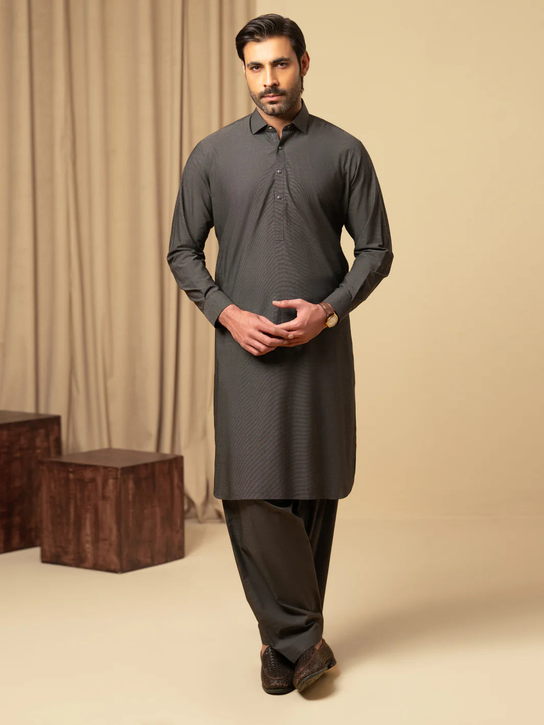 CHARCOAL GREY COTTON KAMEEZ SHALWAR - ALWA-KS-588