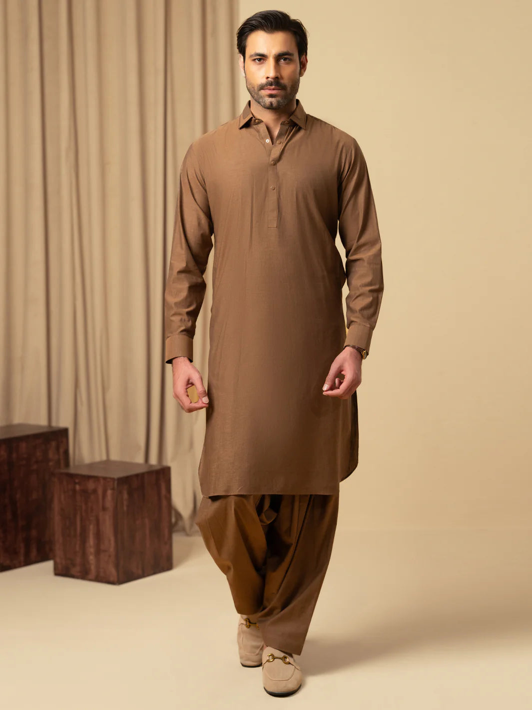 BROWN COTTON KAMEEZ SHALWAR - ALWA-KS-589