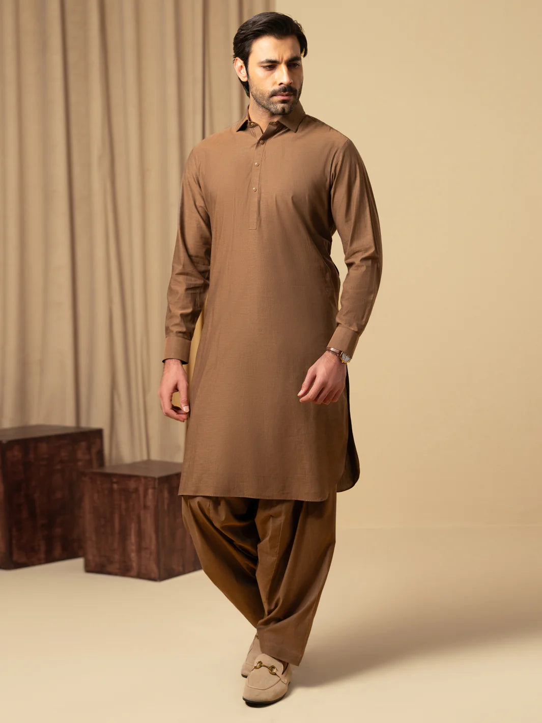 BROWN COTTON KAMEEZ SHALWAR - ALWA-KS-589