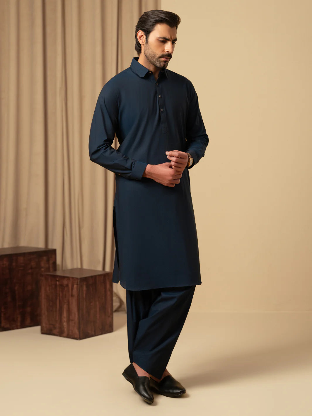 DARK BLUE COTTON KAMEEZ SHALWAR - ALWA-KS-596