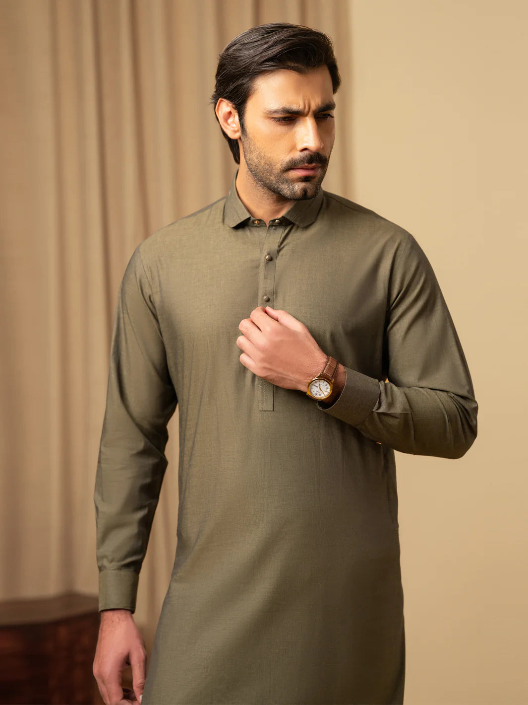 OLIVE GREEN COTTON KAMEEZ SHALWAR - ALWA-KS-598
