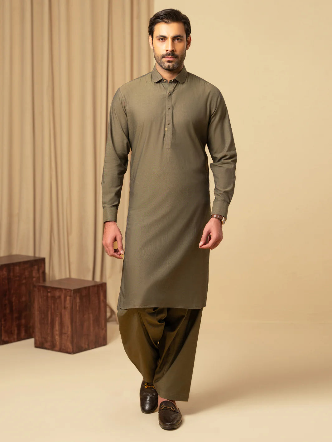 OLIVE GREEN COTTON KAMEEZ SHALWAR - ALWA-KS-598