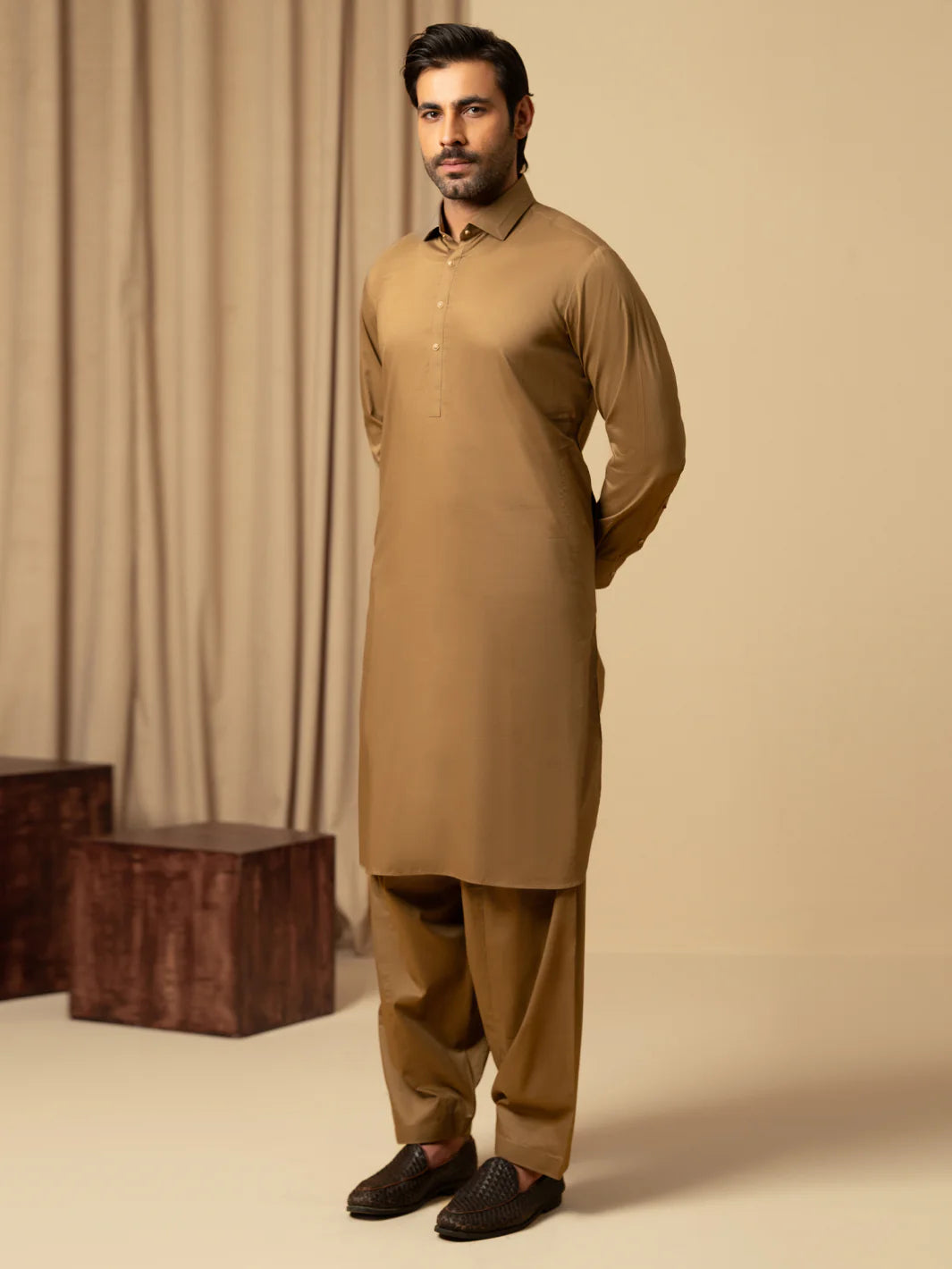 LIGHT BROWN COTTON KAMEEZ SHALWAR - ALWA-KS-541