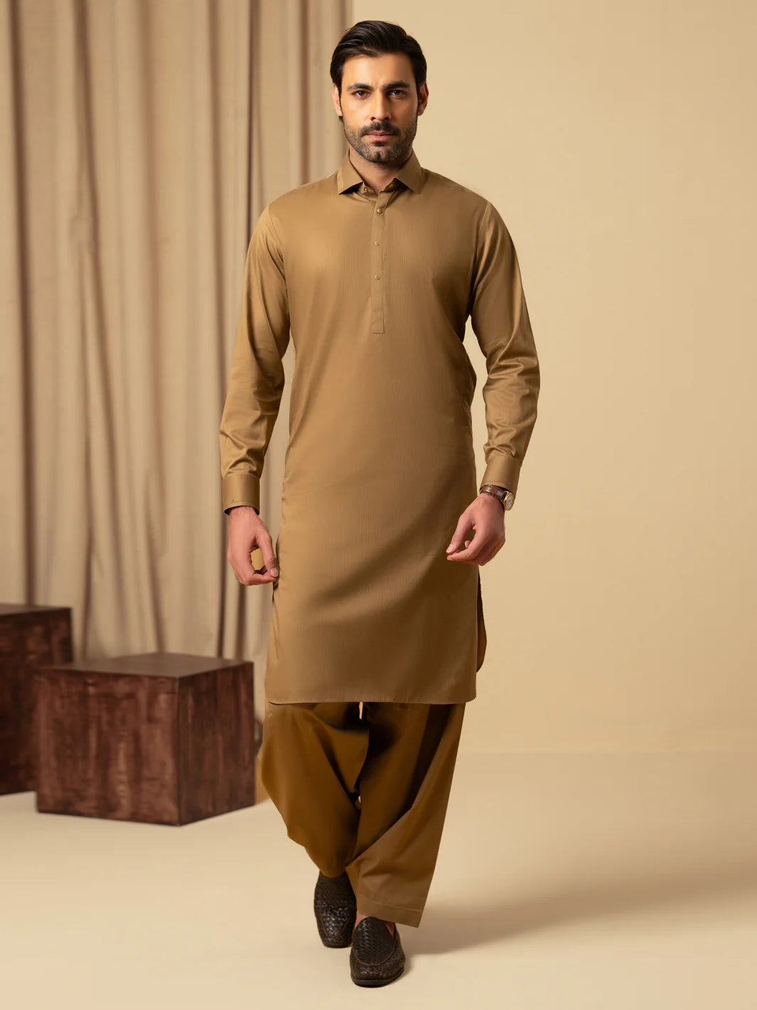 LIGHT BROWN COTTON KAMEEZ SHALWAR - ALWA-KS-541