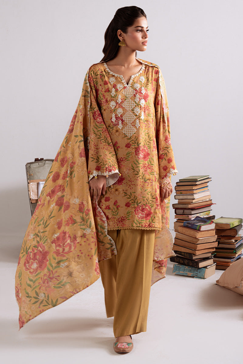 MUSTARD ORCHID-3PC LINEN PRINTED SUIT