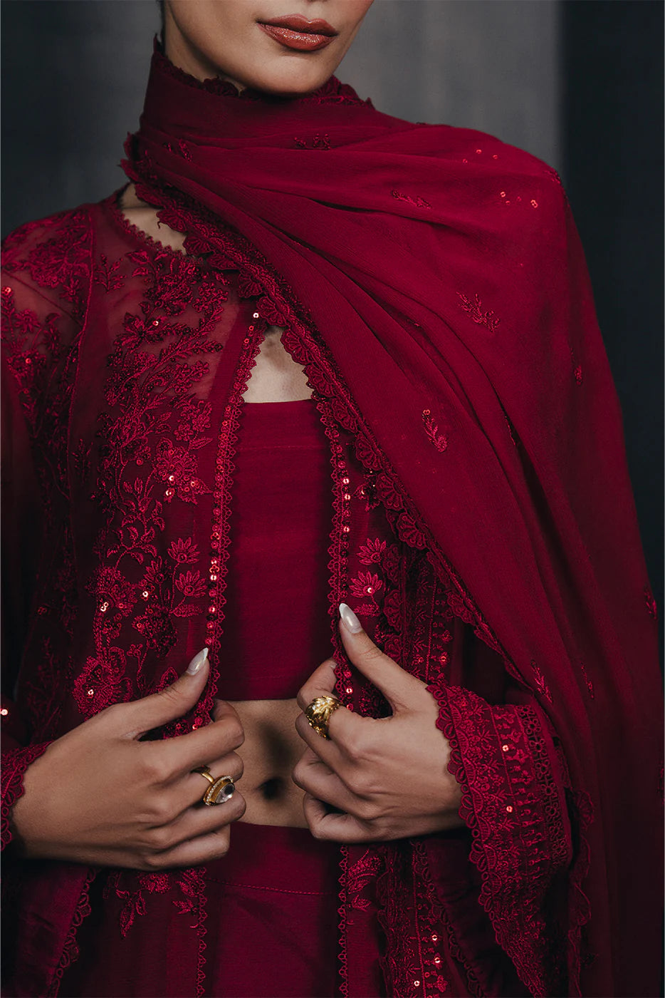 4 PIECE EMBROIDERED CHIFFON SUIT-CARMINE RED (UNSTITCHED)