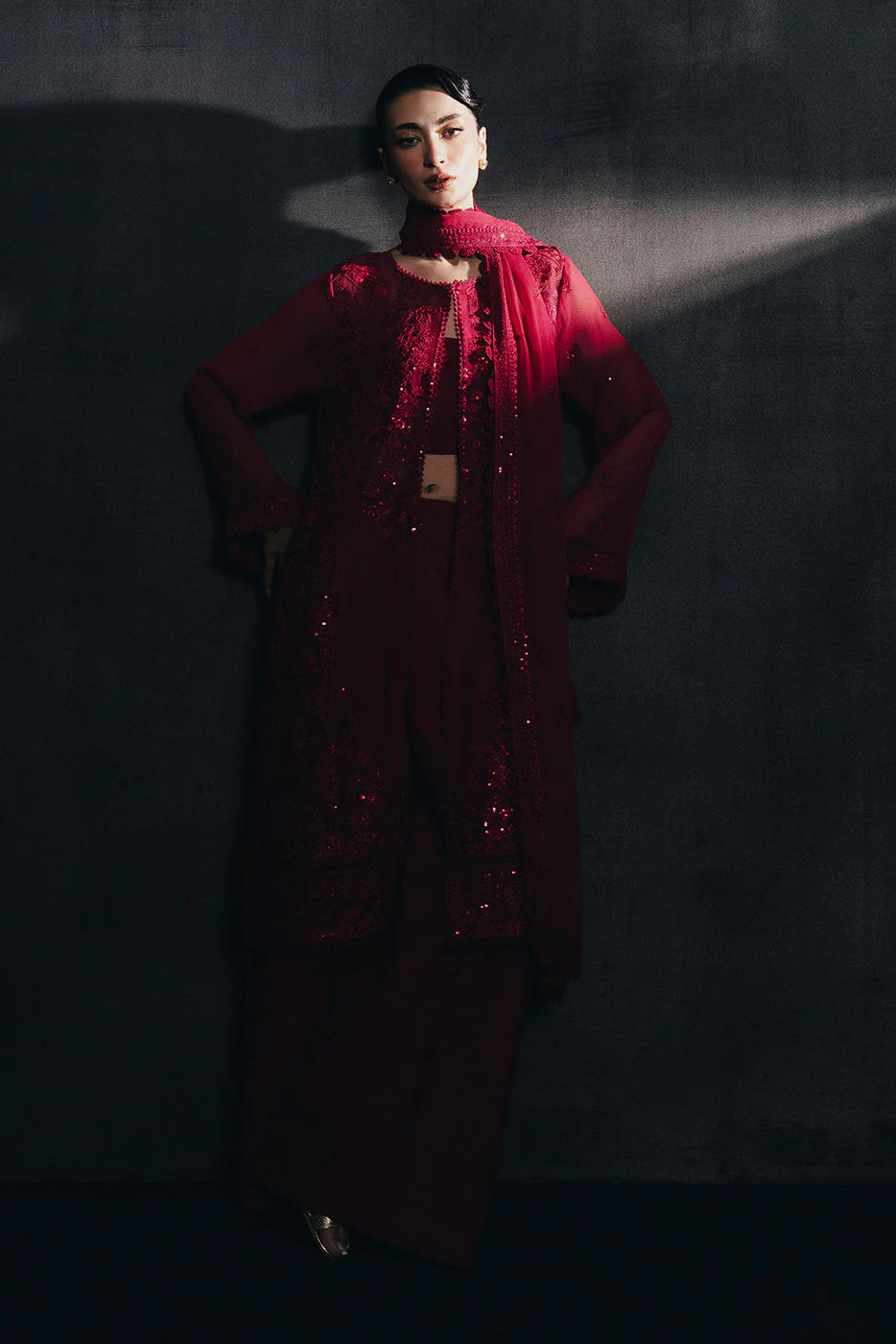 4 PIECE EMBROIDERED CHIFFON SUIT-CARMINE RED (UNSTITCHED)