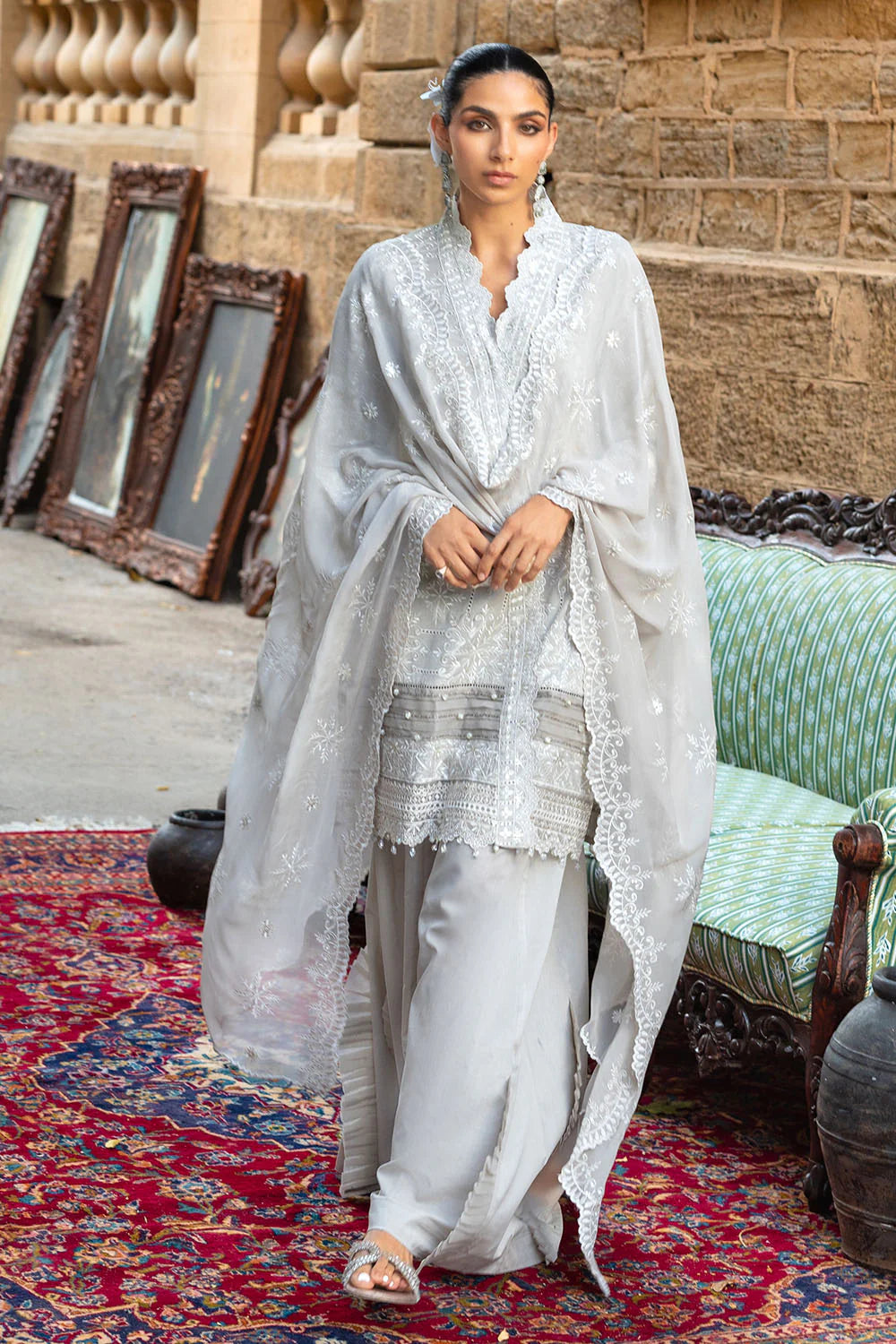 3 Piece Embroidered Lawn Suit With Borders And Chiffon Dupatta FE-52130