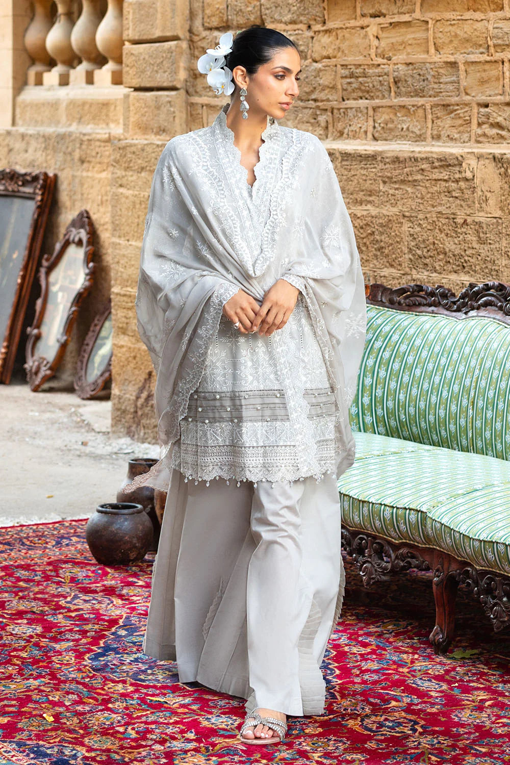 3 Piece Embroidered Lawn Suit With Borders And Chiffon Dupatta FE-52130