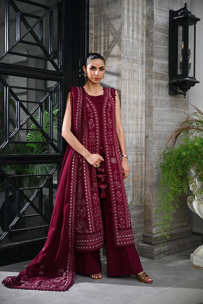 BURGUNDY LUXURY EMBROIDERED KARANDI SET (NEL-25630)