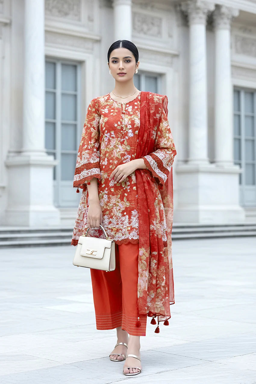 03 PIECE UNSTITCHED EMBROIDERED WITH PRINTED CHIFFON DUPATTA KOMAL LAWN