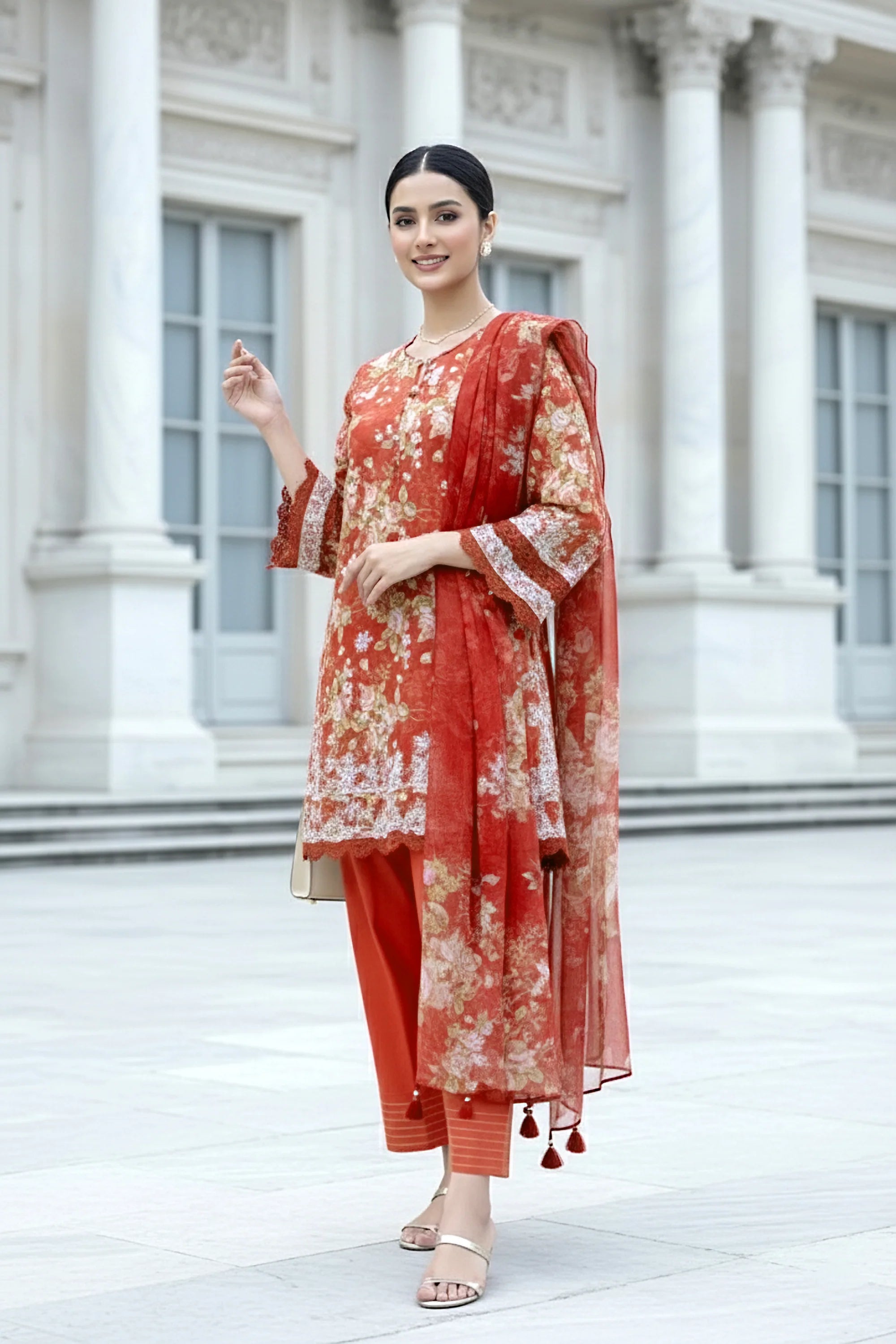 03 PIECE UNSTITCHED EMBROIDERED WITH PRINTED CHIFFON DUPATTA KOMAL LAWN