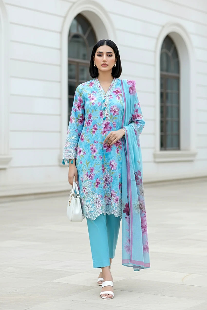 03 PIECE UNSTITCHED EMBROIDERED WITH PRINTED CHIFFON DUPATTA KOMAL LAWN