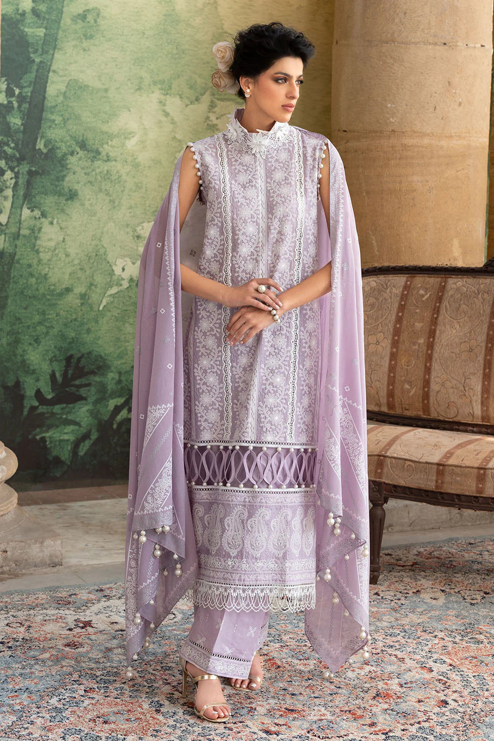 3 Piece Zari & Sequins Embroidered Lawn Suit With Silver & Lacquer Printed Dupatta DN-52035