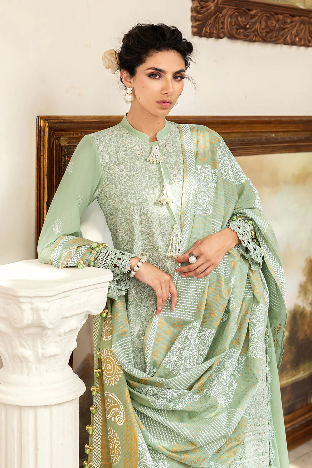 3 Piece Zari & Sequins Embroidered Lawn Suit With Gold & Lacquer Printed Dupatta DN-52038