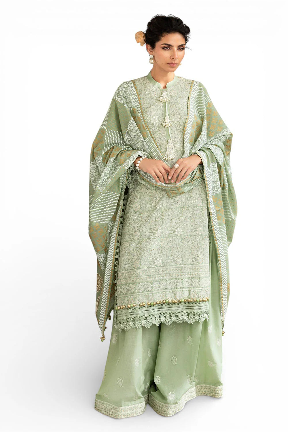 3 Piece Zari & Sequins Embroidered Lawn Suit With Gold & Lacquer Printed Dupatta DN-52038