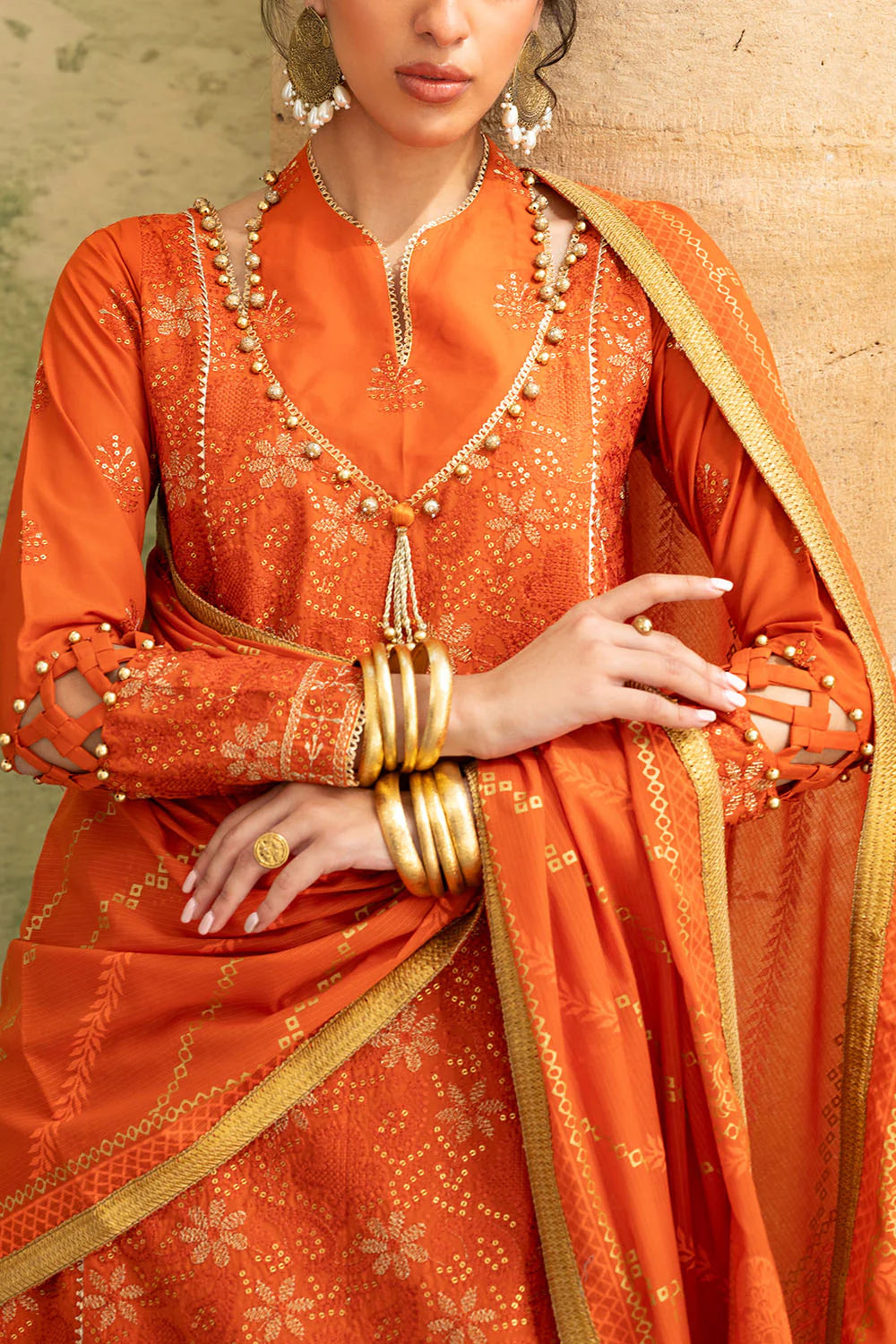 3 Piece Zari & Sequins Embroidered Lawn Suit With Gold & Lacquer Printed Dupatta DN-52041