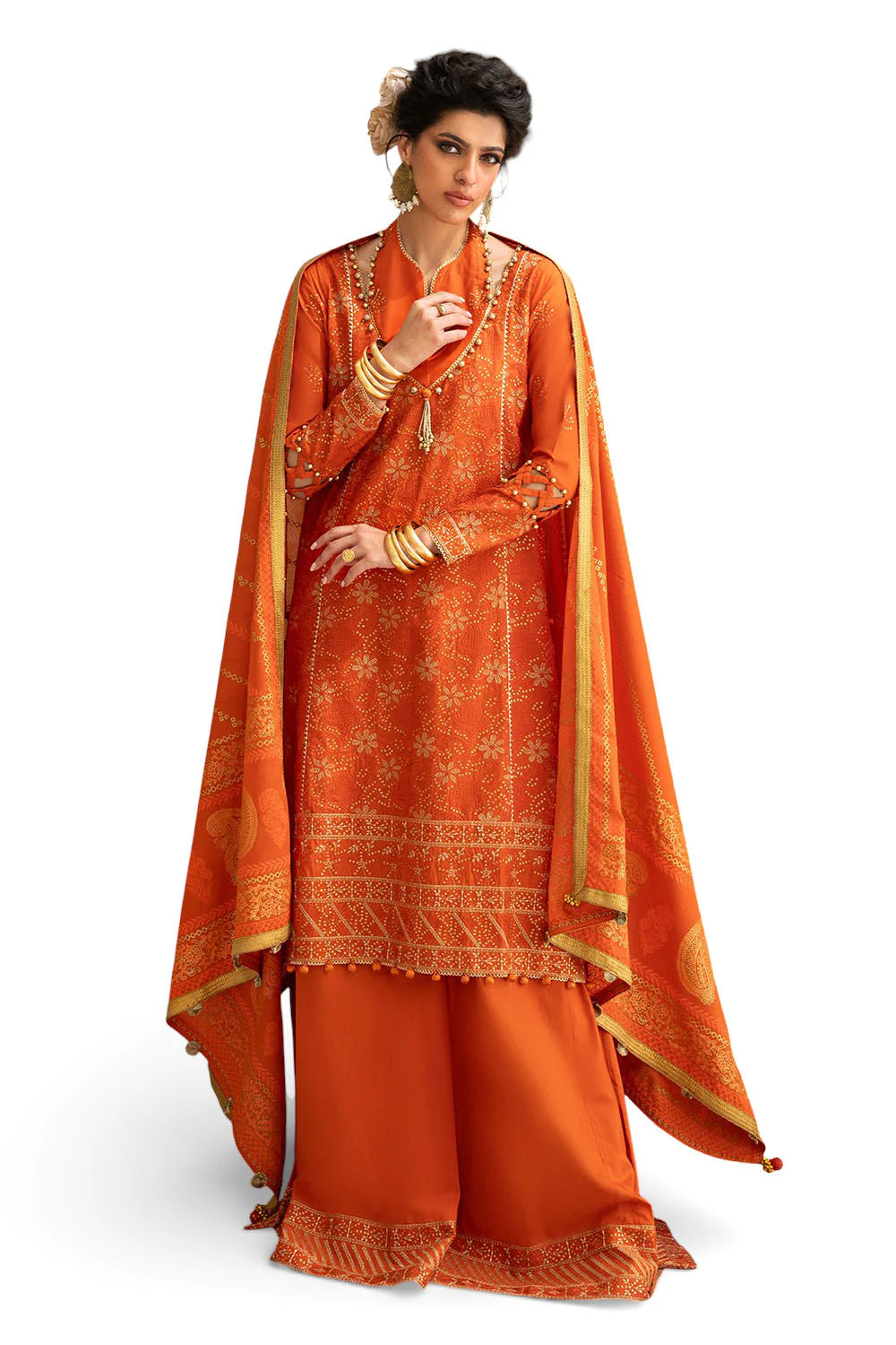 3 Piece Zari & Sequins Embroidered Lawn Suit With Gold & Lacquer Printed Dupatta DN-52041