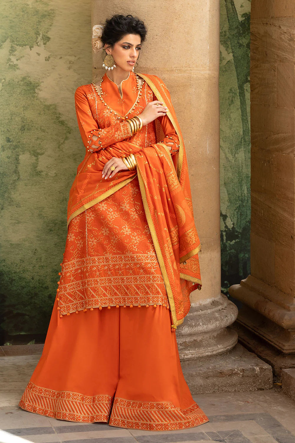 3 Piece Zari & Sequins Embroidered Lawn Suit With Gold & Lacquer Printed Dupatta DN-52041