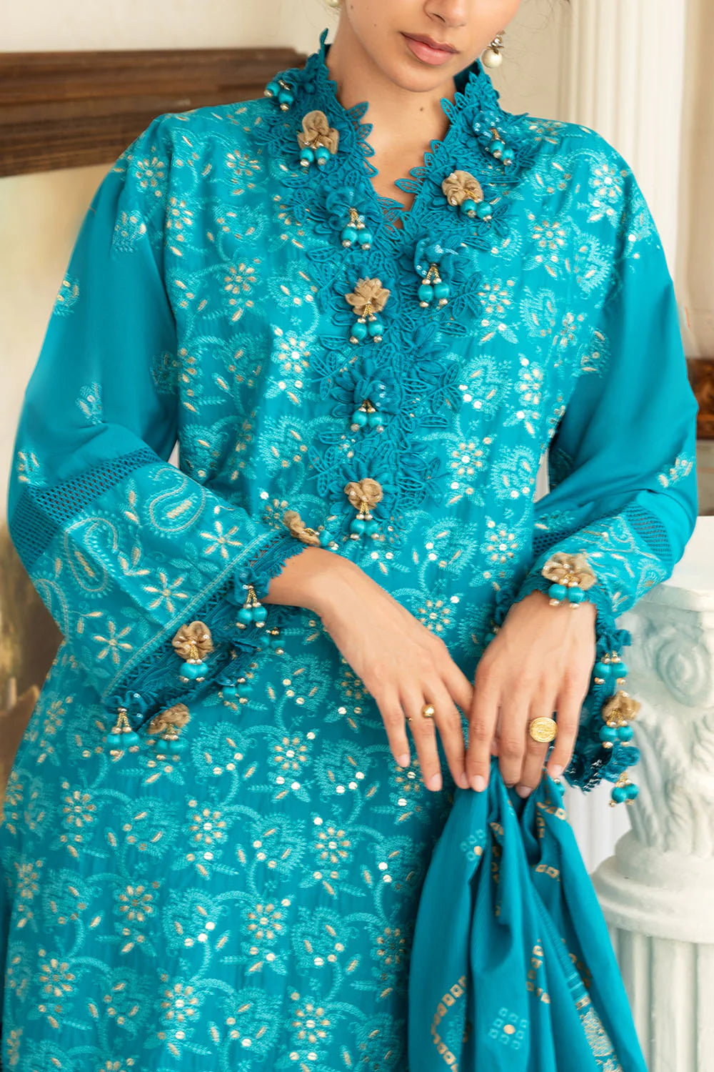 3 Piece Zari & Sequins Embroidered Lawn Suit With Gold & Lacquer Printed Dupatta DN-52042