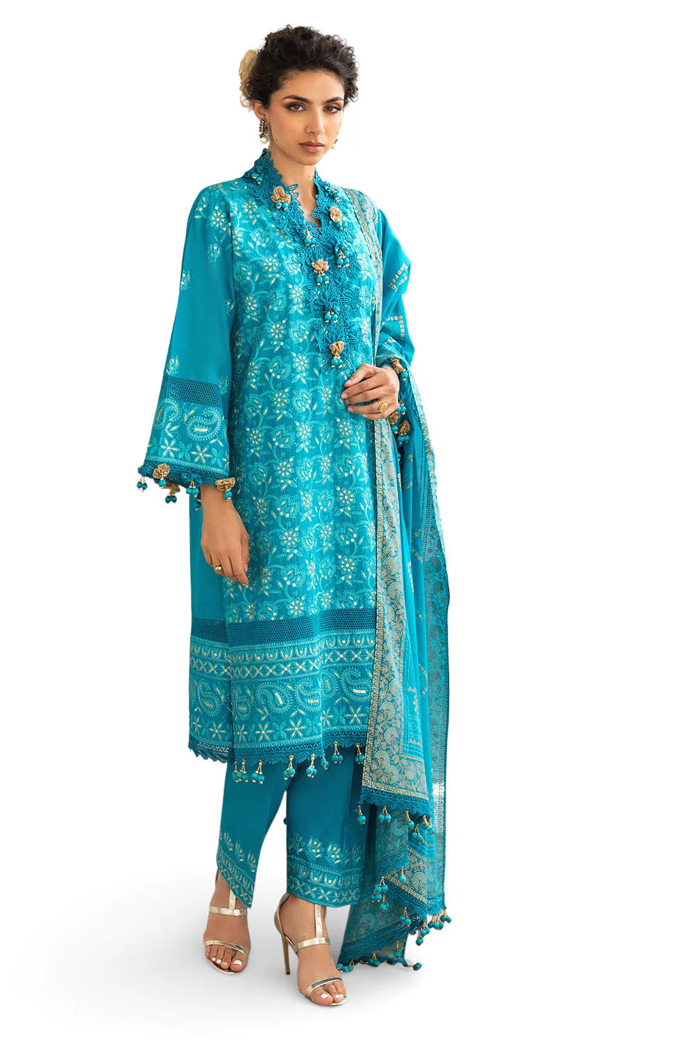 3 Piece Zari & Sequins Embroidered Lawn Suit With Gold & Lacquer Printed Dupatta DN-52042