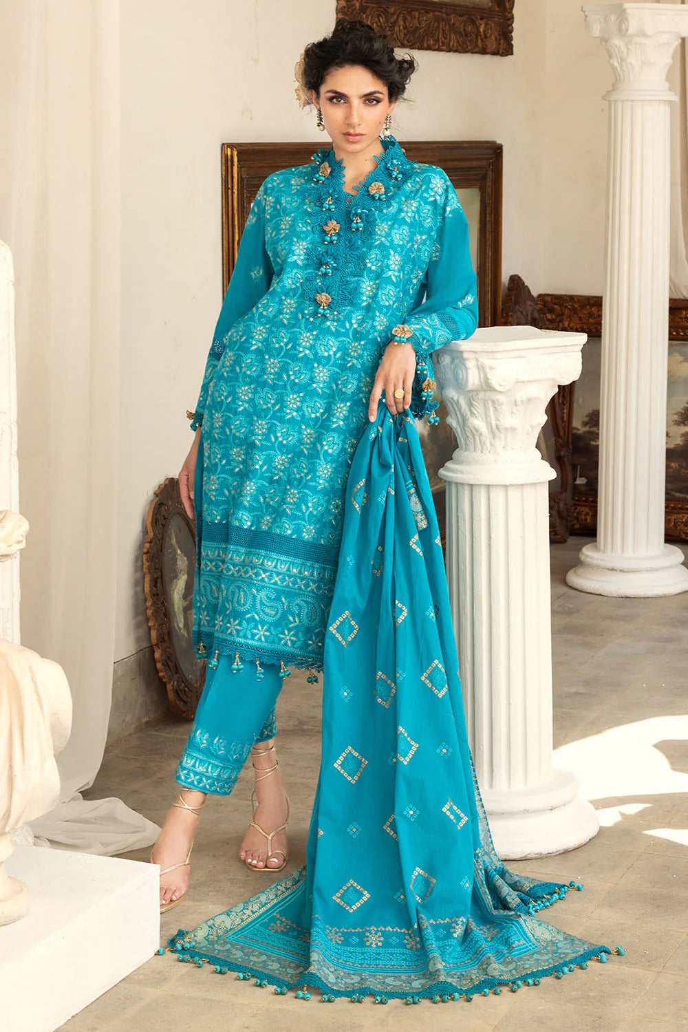 3 Piece Zari & Sequins Embroidered Lawn Suit With Gold & Lacquer Printed Dupatta DN-52042