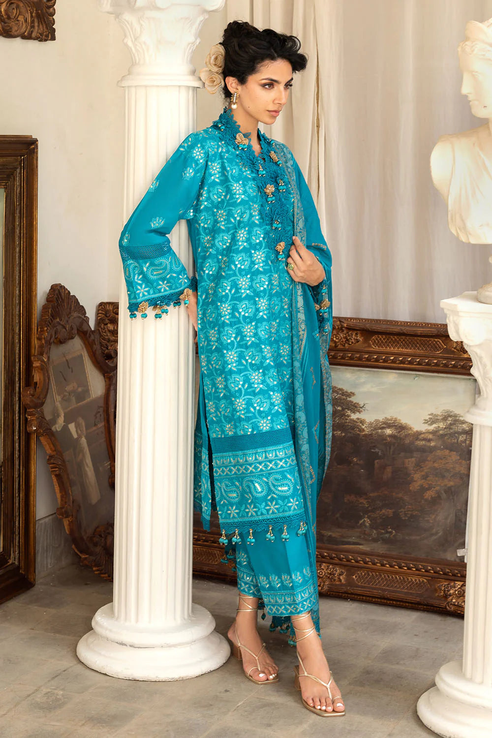 3 Piece Zari & Sequins Embroidered Lawn Suit With Gold & Lacquer Printed Dupatta DN-52042