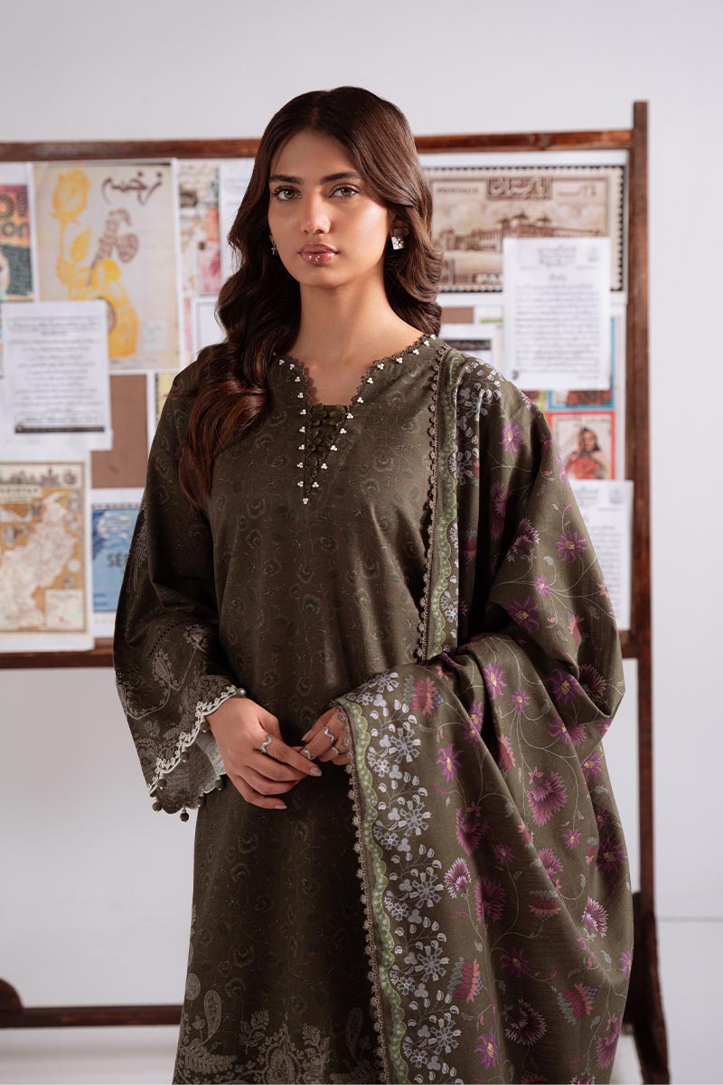 OLIVE CHARM-3PC KHADDAR PRINTED SUIT