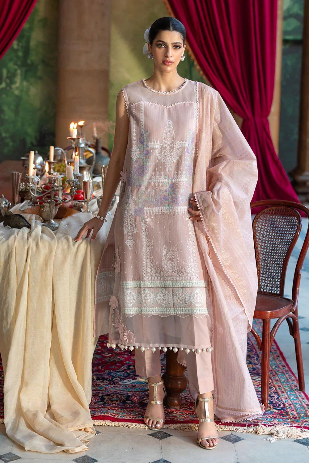 3 Piece Embroidered Dobby Suit With Borders And Zari Dupatta FE-52024