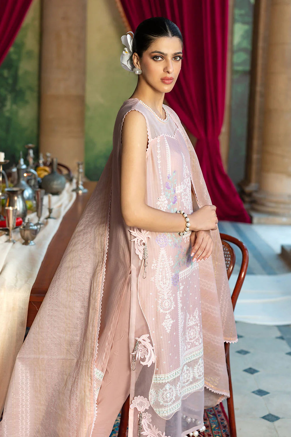 3 Piece Embroidered Dobby Suit With Borders And Zari Dupatta FE-52024