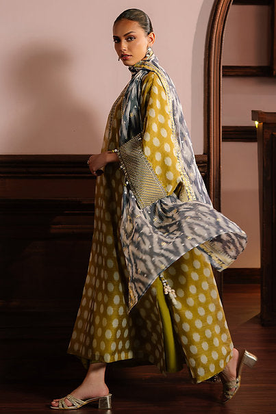 OLIVE DRAB-4PC NET EMBROIDERED SUIT